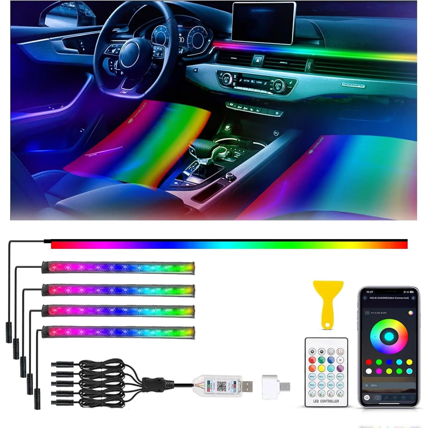 5 in 1  LED Lights for , RGB Ambient Lighting  Interior | Dashboard Decorations LED, 16 Million Colors,  Sync,  Control