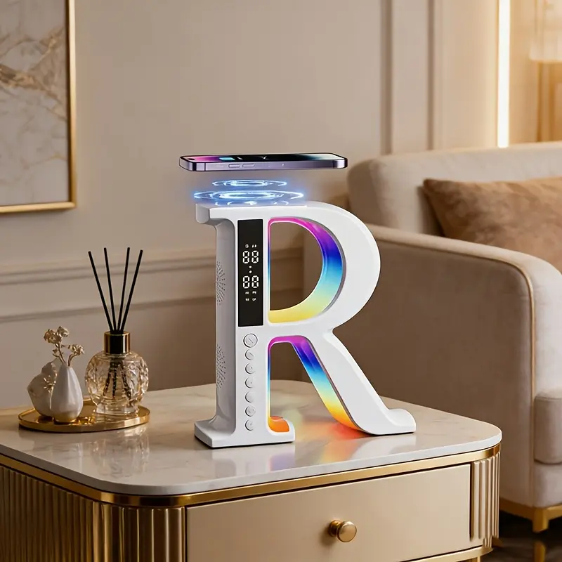 Wireless Charging Speaker for Smartphones, Clock and Alarm Clock Speaker, R-shaped Wireless Charging Speaker, Desktop Decorative Speaker, Built-in Battery, Suitable as a Christmas, Thanksgiving, Birthday, and Valentine's Day Gift.