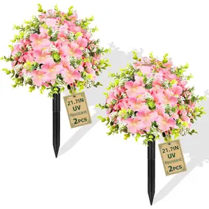 2 Pack s Topiary Ball Tree, 21.7" Fake Plants with Ground Spike, UV-Resistant Faux Boxwood Shrub, Realistic Bushes for Indoor/Front Porch & Decor (Pink)