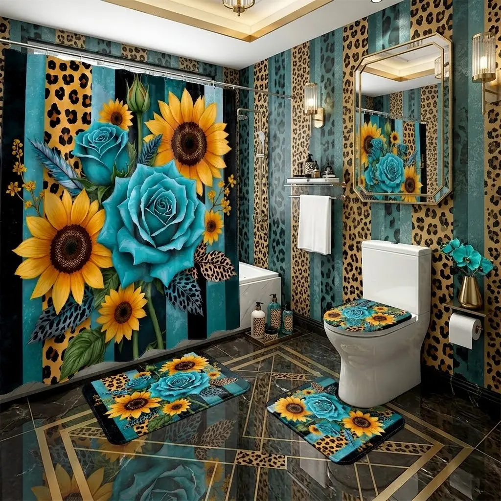 4pcs Vintage Leopard Striped Sunflower & Teal Rose Shower Curtain Set, Bohemian Floral Art Bathroom Kit with Toilet Lid Cover & Matching Floor Mats,The floor mat fabric is thicker and softer!  Chic Farmhouse Bathroom Accent for Autumn Holiday Home Styling