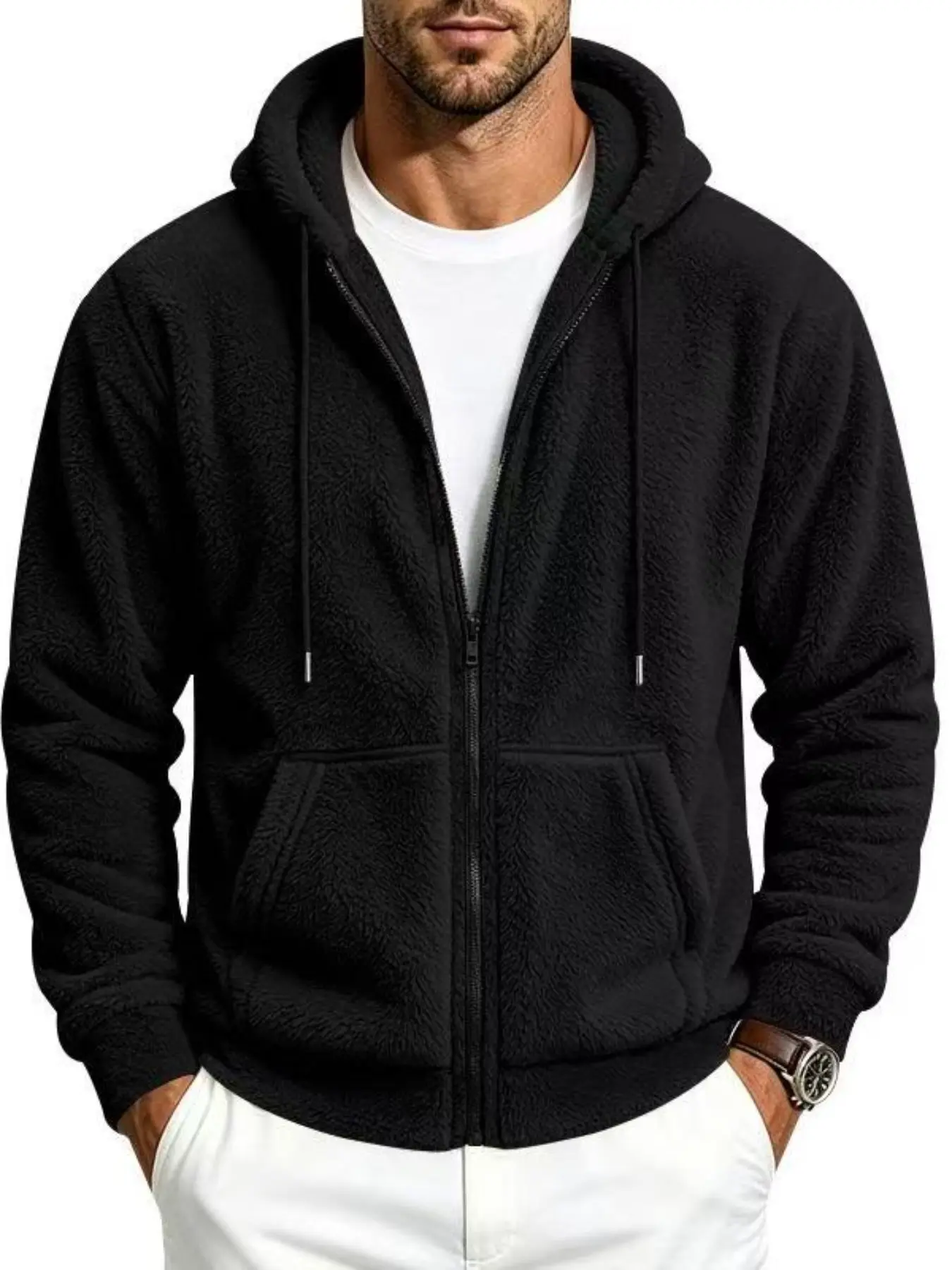 Men's Thick Warm Fleece Jacket, Zipper Loose Knit Hoodie, Casual Outerwear for Spring & Fall, Plain Pattern, No Padding, Unlined