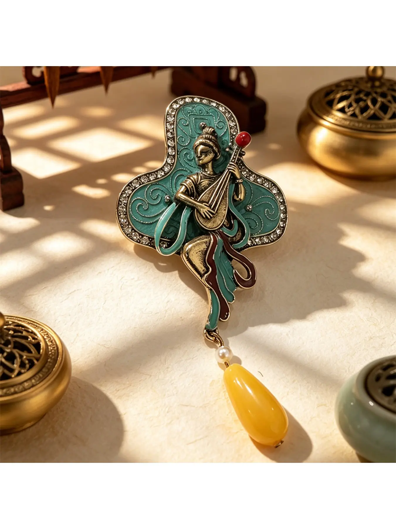 1pc, Dunhuang Flying Apsara Enamel Brooch with Pearl & Amber Drop, “Artistic Grace” Symbol, New Chinese Style Pin for Women’s Coat or Scarf, Elegant Daily & Gift Accessory