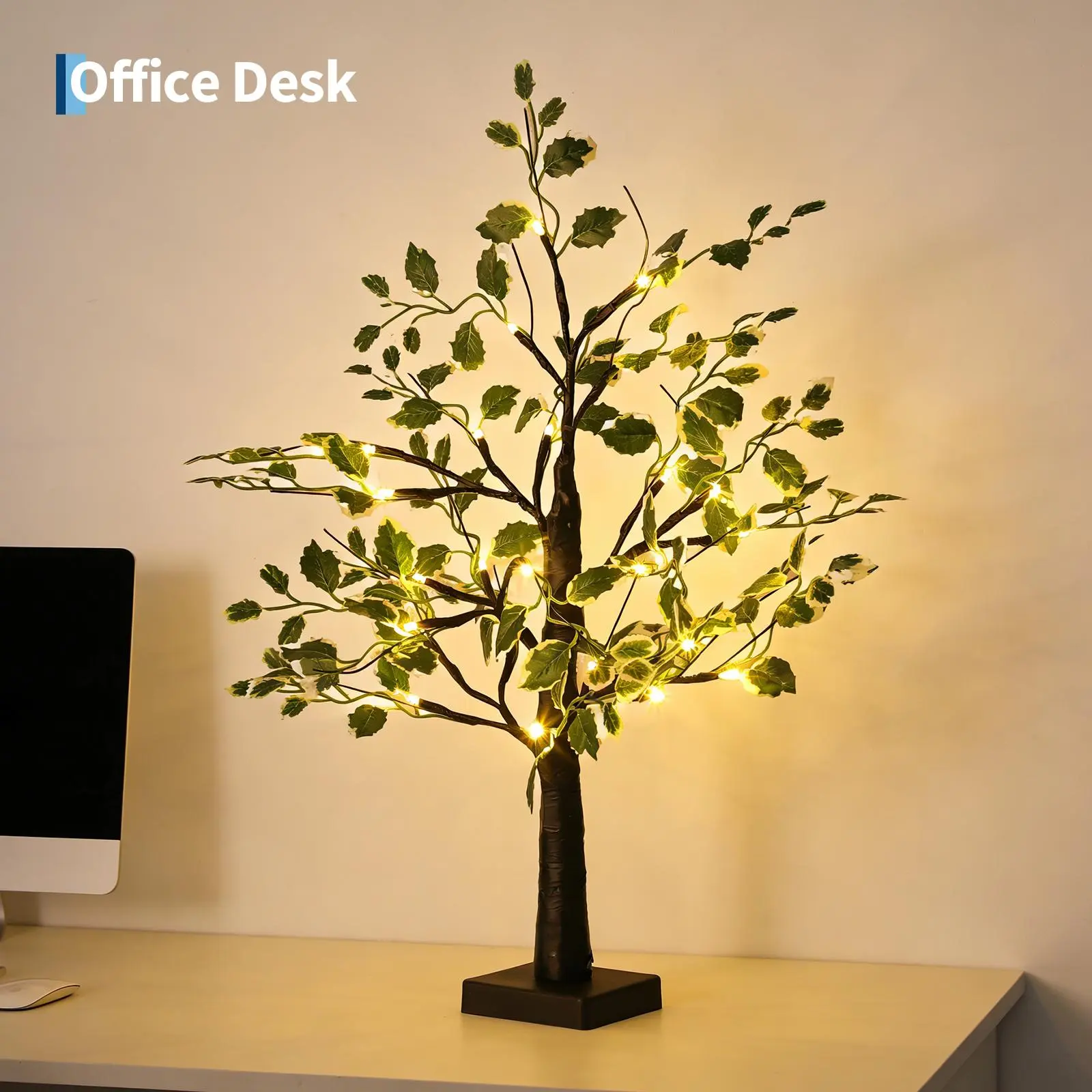 Lifelike Silk Pre-lit Artificial Eucalyptus Tree Ornament - 24 LED Fairy Lights, USB/Battery Operated, Timer-Equipped Tabletop Floral Decor, Artificial Potted Tree for Christmas, Easter Home Mantel Shelf Centerpiece