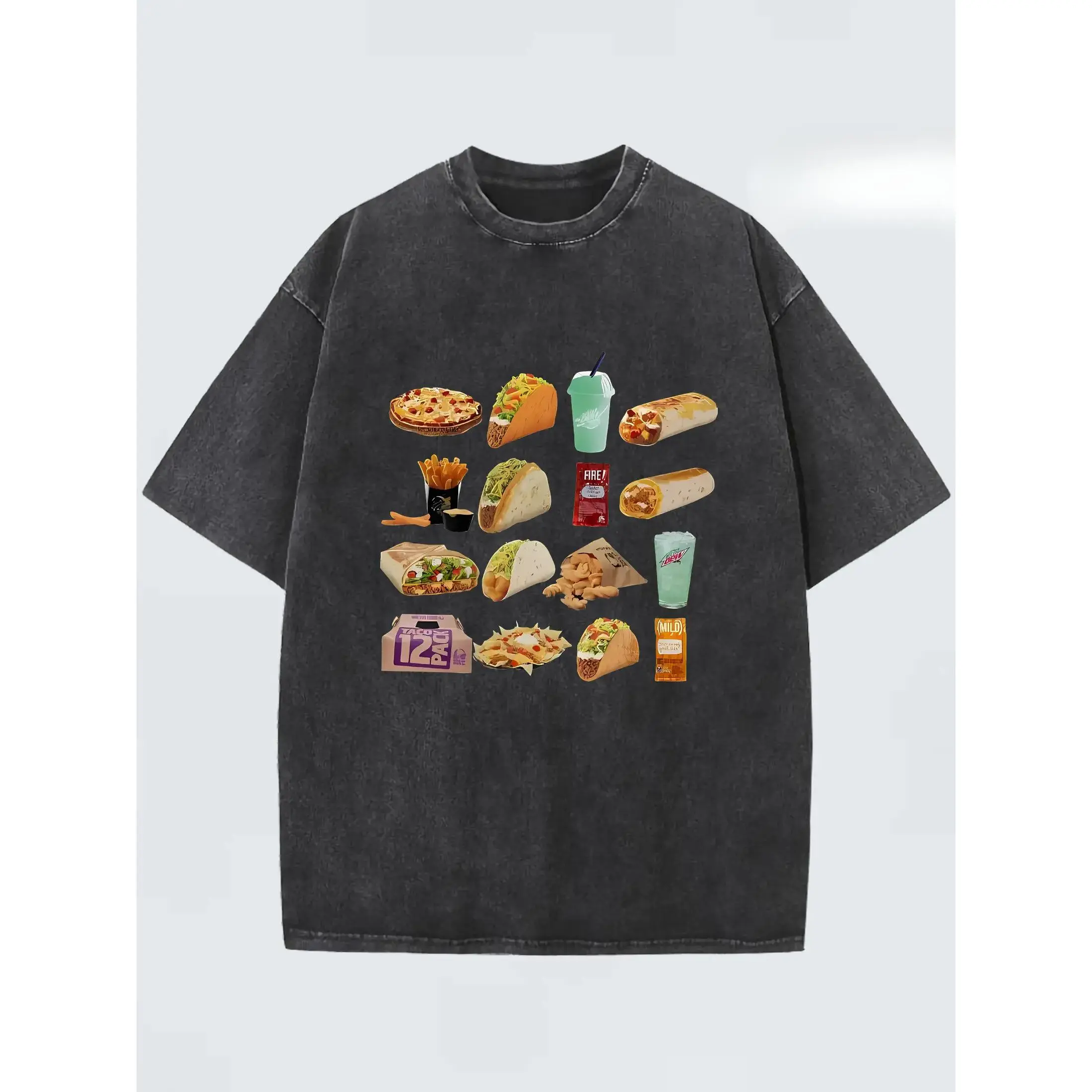 Vintage Acid Wash Crew Neck T-shirt, Taco Bell Fast Food Collection Taco Burrito Nachos Fries Graphic Short Sleeve Tee, Unisex Fashion Casual Oversized T-shirt, Breathable Loose Top for Outdoor Daily Wear For Men & Women