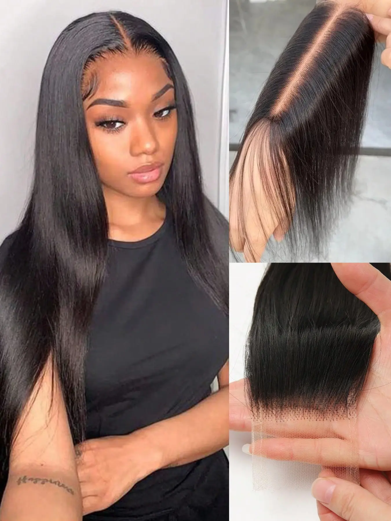 2x6 HD Swiss lace base, fully hand-tied, 100% human hair; features a skin-like mesh with a tear-away edge; natural-colored, high-quality human hairpiece.