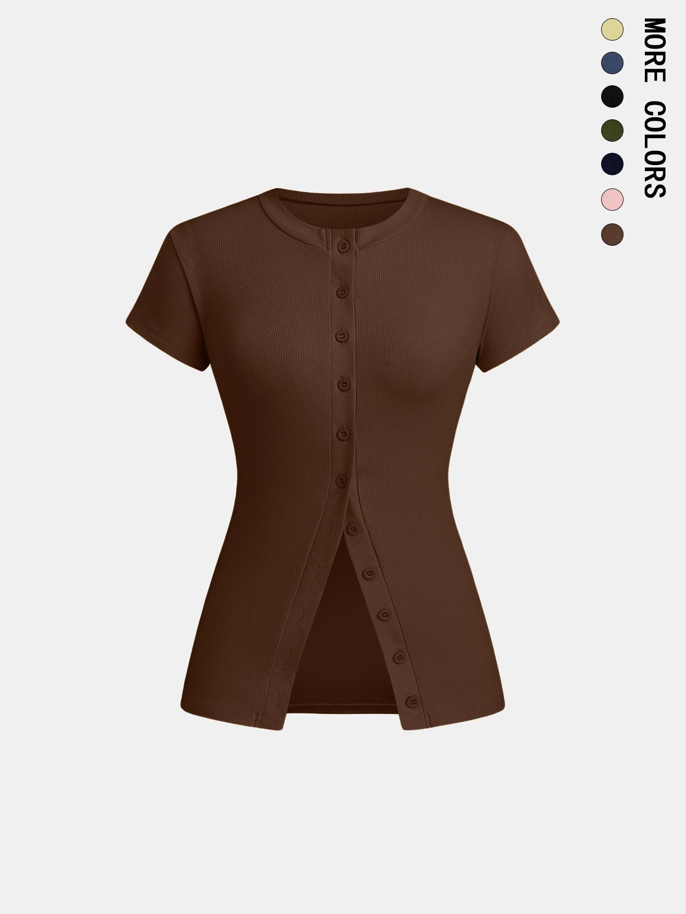 Women's Solid Color Button Fitted Basic Tee, Casual Short Sleeve Round Neck T-shirt for Daily Wear, Ladies Clothes for All Seasons