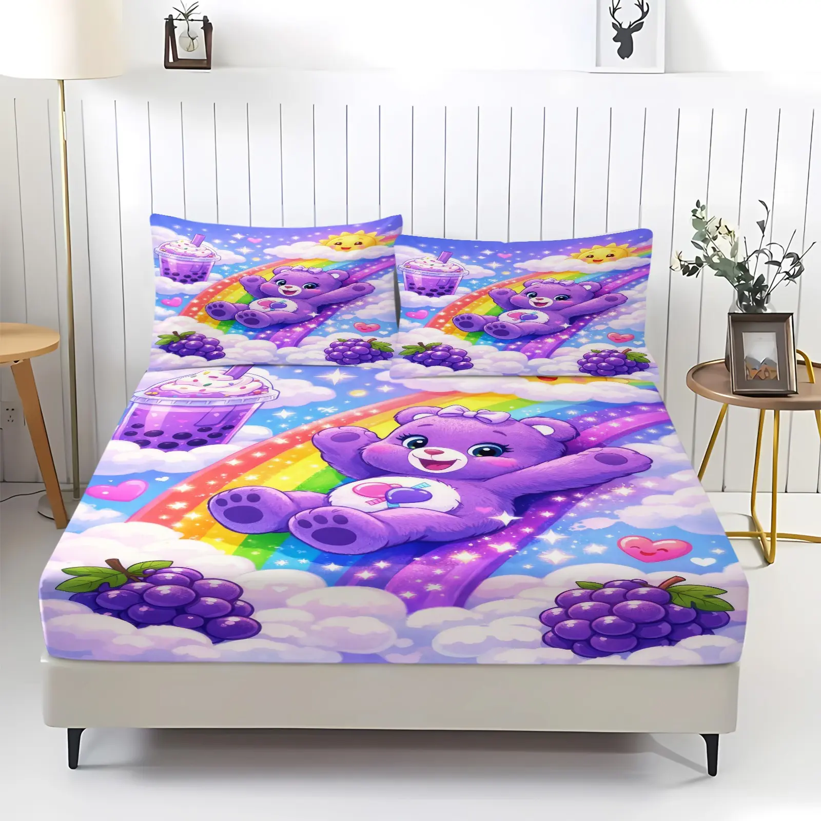 3Pcs Bear and Rainbow Pattern Fitted Sheet Set, All Season Bedding Set, Ideal for Girl Bedroom, Kawaii-Themed Dormitory, Rainbow Cartoon Bedroom Decor. Perfect Gift for Teenage Girls. 2 Pillowcase, No Filling