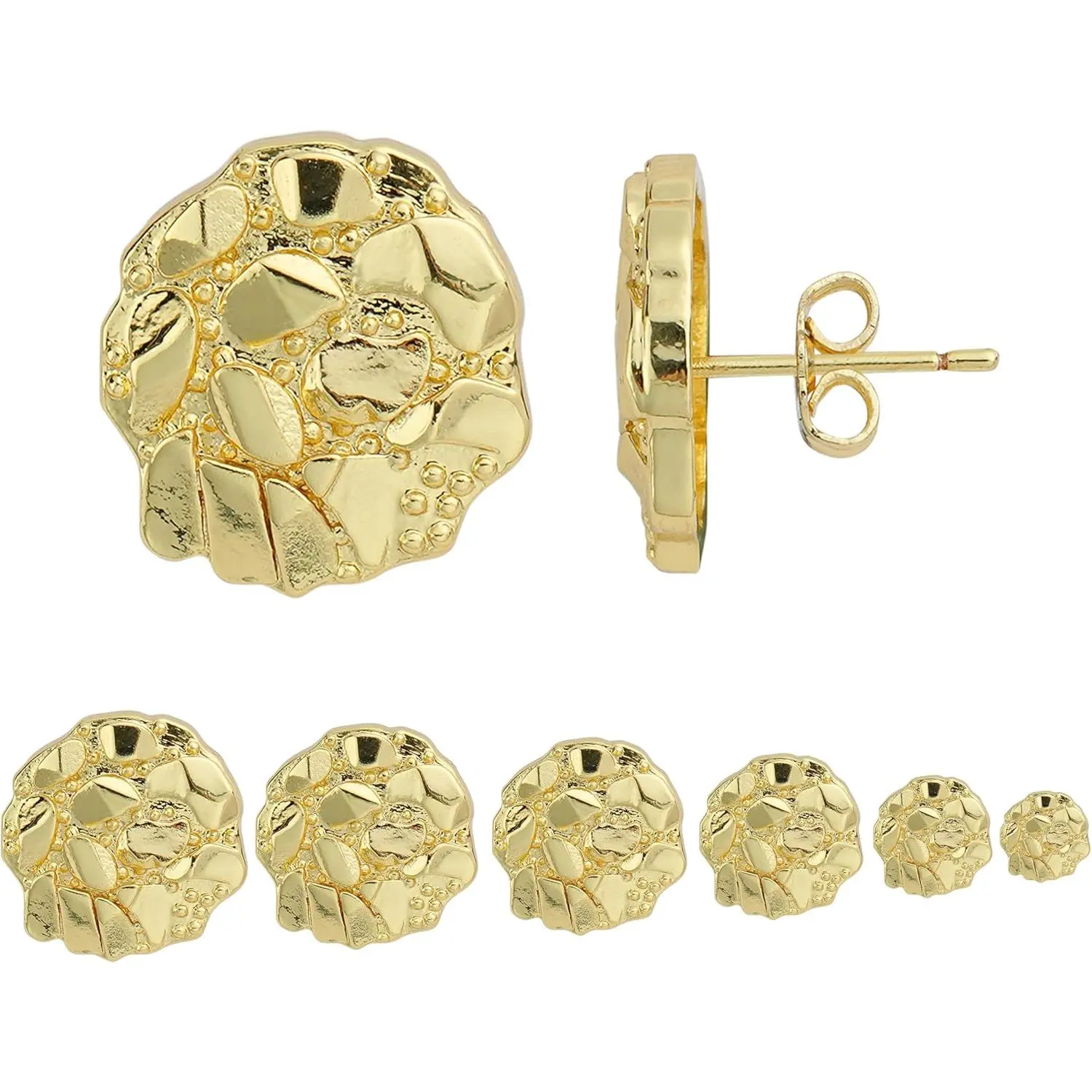 14k Gold Plated Round Rough Textured Cookie Nugget Stud Earrings For Men Women Unisex