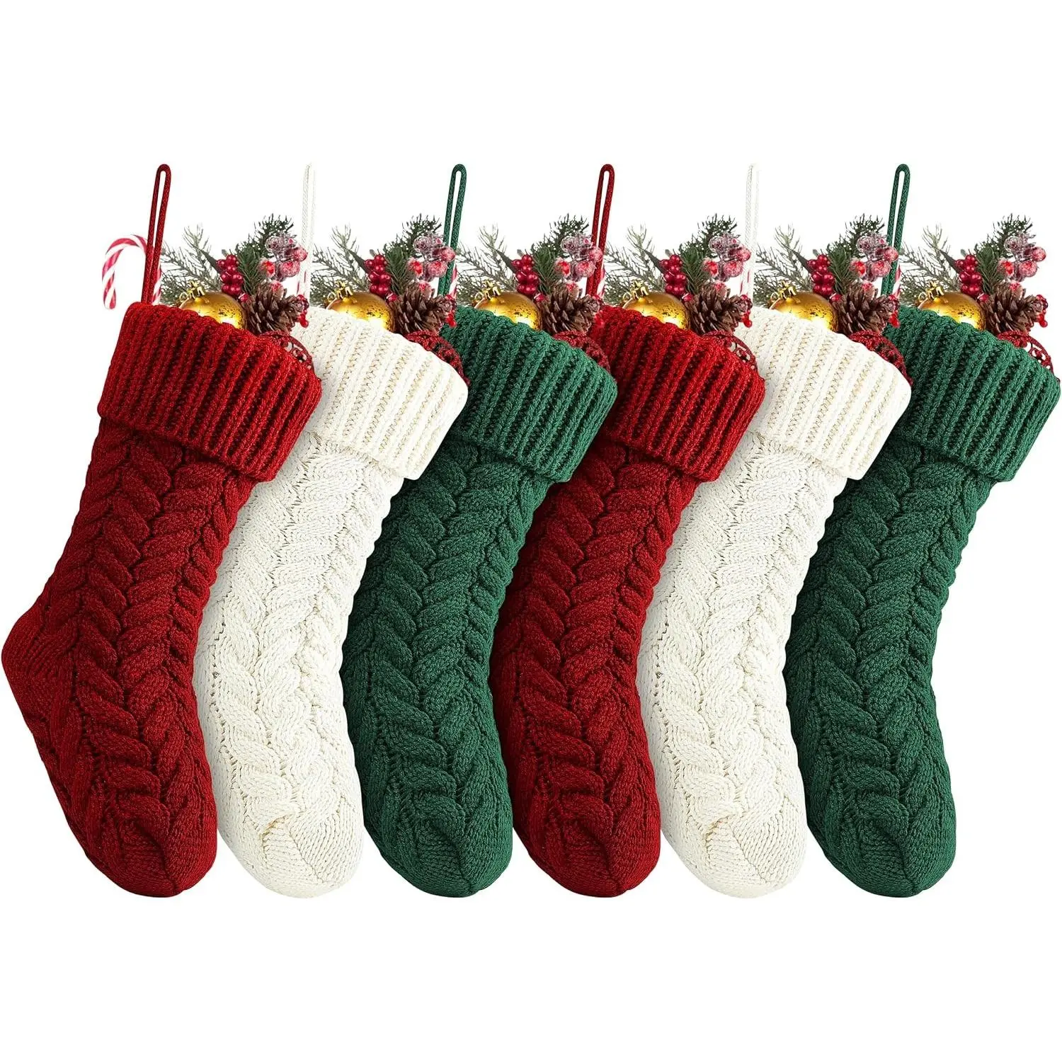18 Inches Christmas Stockings Bulk, 6 Pack Large Size Cable Knitted Fireplace Hanging Stockings for Family Holiday Xmas Party Decorations, Burgundy&Ivory White&Green