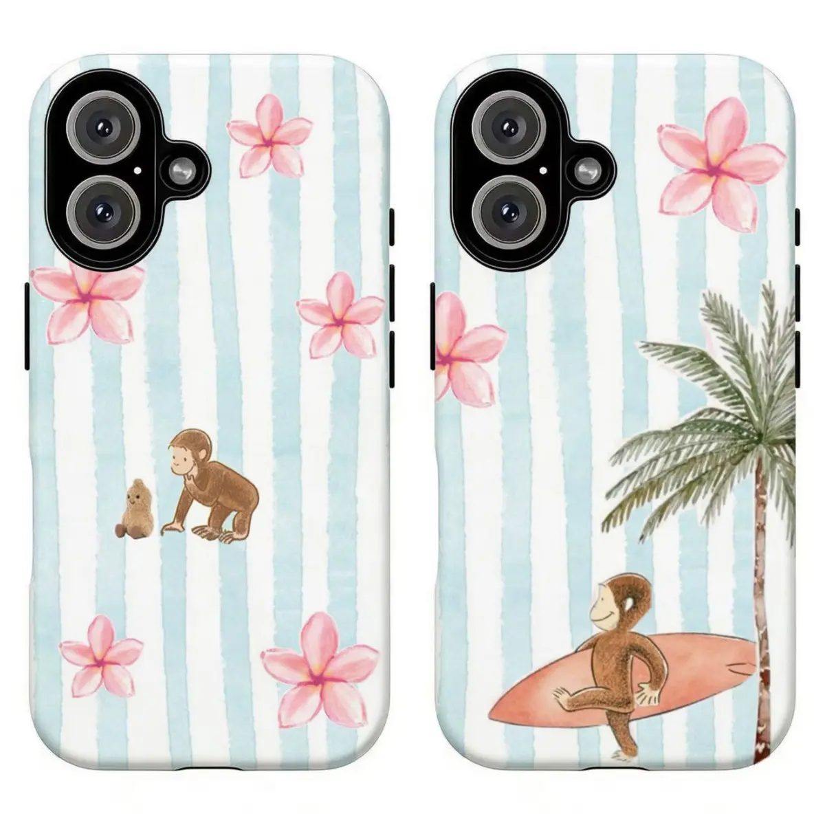 FL-Summer Hawaiian Curious Georgeee Phone Case, Soft Blue Striped Plumeria Flower Surf Monkey Vintage Storybook Slim Tough Protection Cover For iPhone 11 12 13 14 15 16 17 Air Pro Max for Samsung S26 S25 S24 S23 S22 S21 Case,Gift for fans