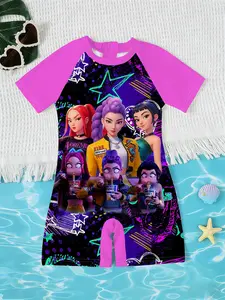 Girls' Korean Style Romper, Ink Fun Cartoon Print Short Sleeve Quick-Dry Summer Swimwear, Kids Beach Vacation Swimsuit