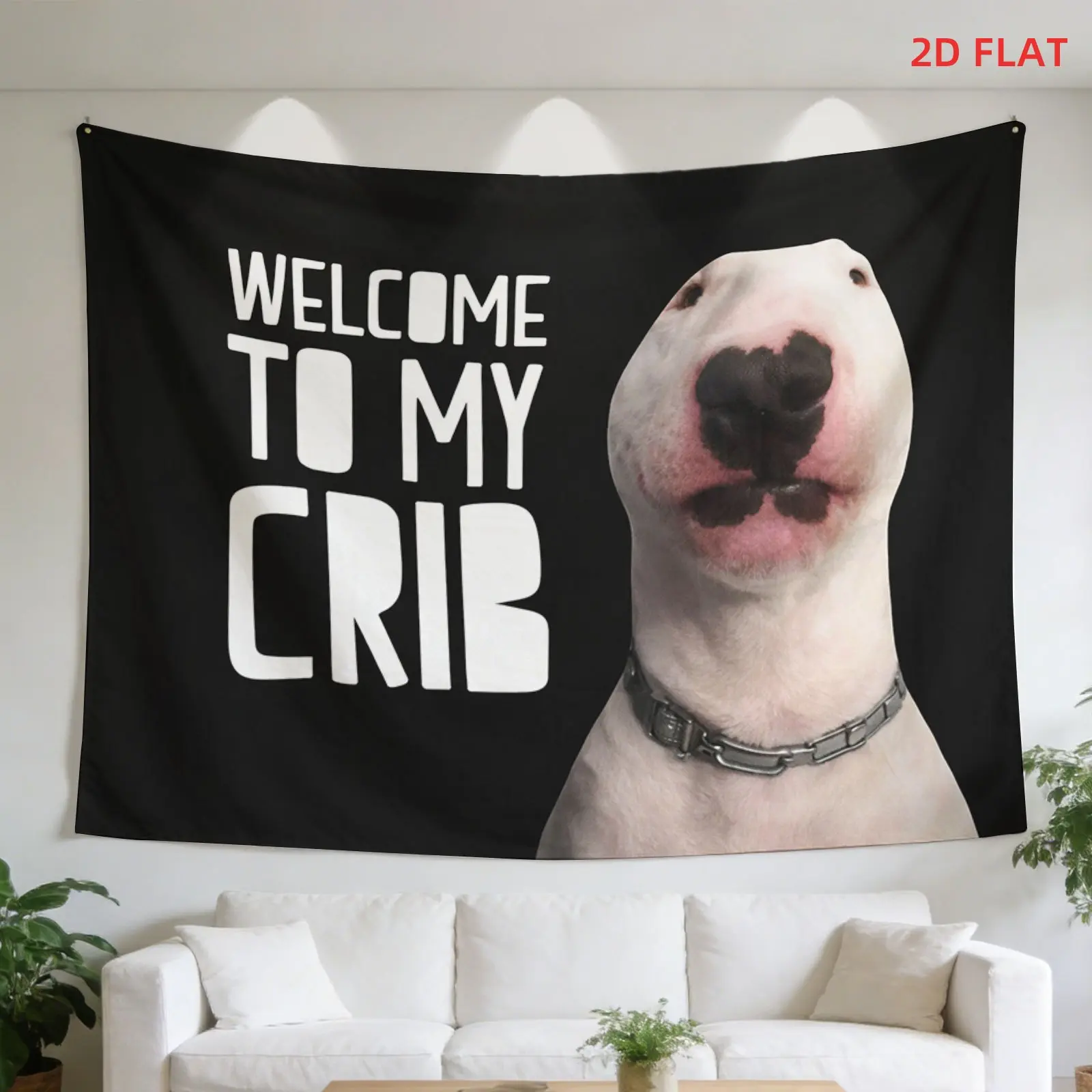 Funny Tapestry Bull Terrier, Welcome to My Crib, Black Collar, Black Background, Text Overlay, Room Wall Decoration, Not Luminous, Suitable for Bedroom, Living Room, Meditation Area, Office, Party