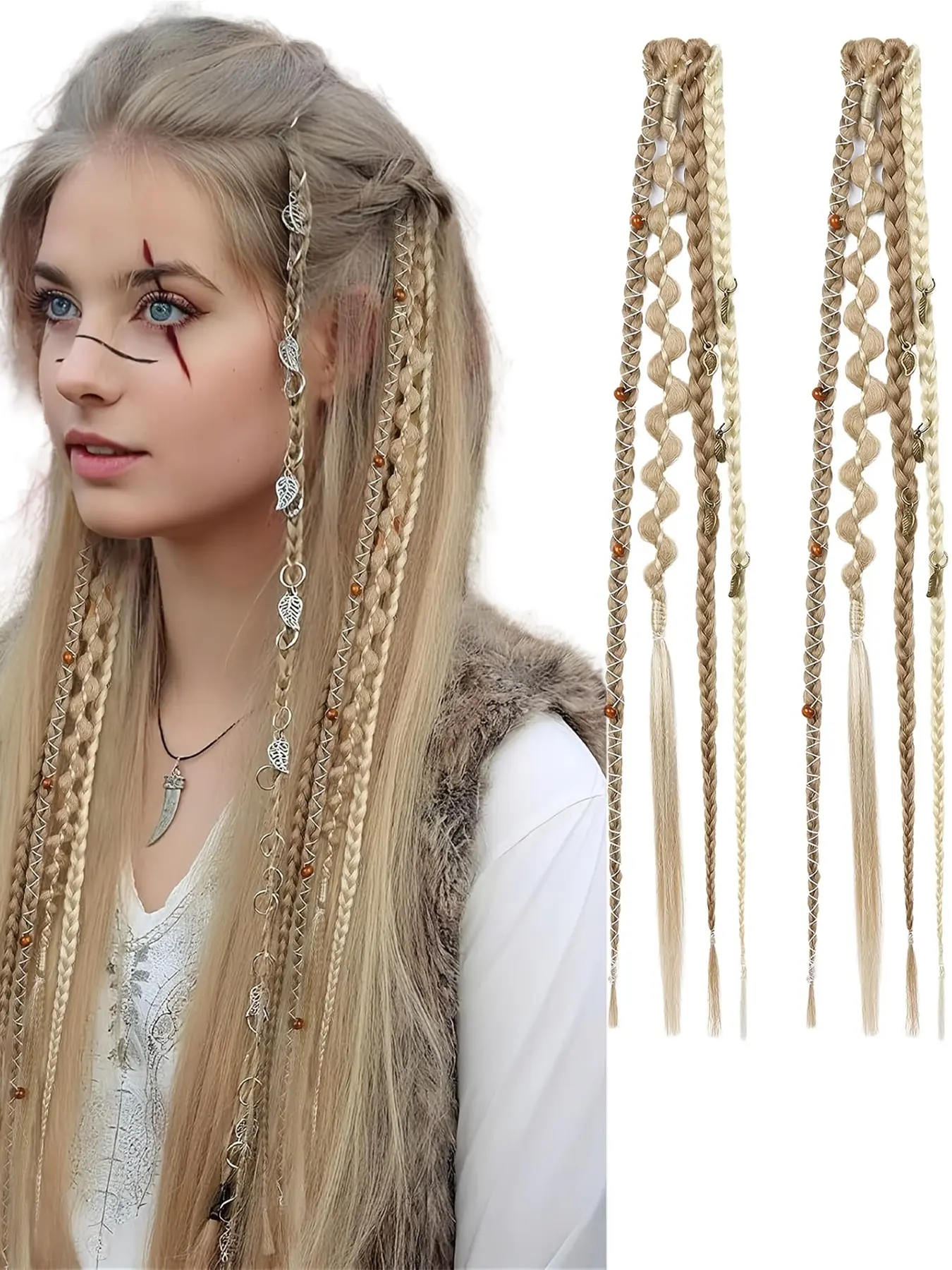 2pcs Handmade Bohemian Braided Wigs, 20-Inch Clip-In Braids, Decorative Beads, Soft Synthetic Long Braids, Women's Role Play Accessories