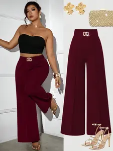 Women's Plus Size Womenswear Burgundy Wide Leg Bottom Pants High Waist Gold Buckle Classy Casual Chic Bottoms Business Work Trousers Elegant Office Workwear Holiday Party Outfits Christmas Thanksgiving Night Out Corporate Core Chic Elegance