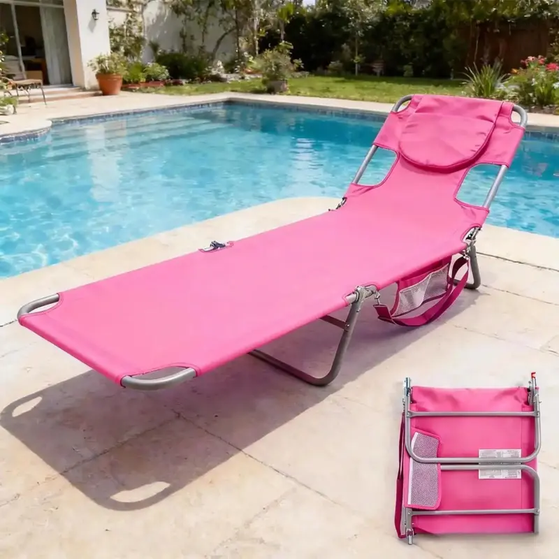 Folding Lounge Chair - 5-Position Adjustable Reclining Sunlounger with Pillow, Flexible Collapsible Portable Beach Chair for Patio, Pool Sun Bathing, Beach Chairs, Flexible Portable SunloungersAA43CampHavenGoods