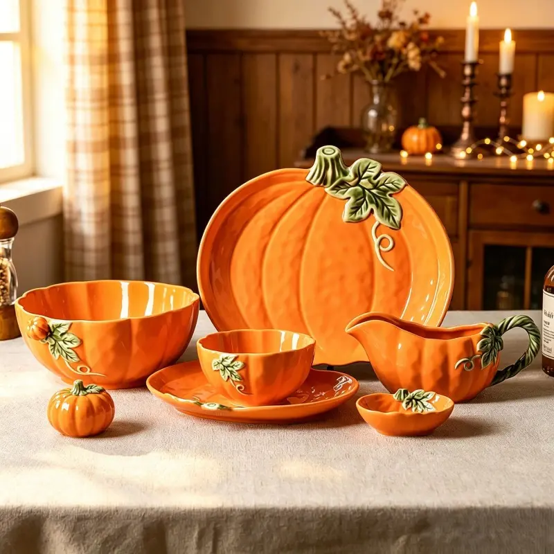 Vintage Pumpkin Ceramic Dinnerware Set Bowls Plates Baking Dish Western Steak Tableware