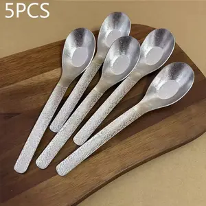 5-Piece Pure Titanium Spoon Set, Lightweight Rust-Resistant Healthy Metal Utensils, Textured Long Handle, Reusable Portable Kitchen Dining Travelware