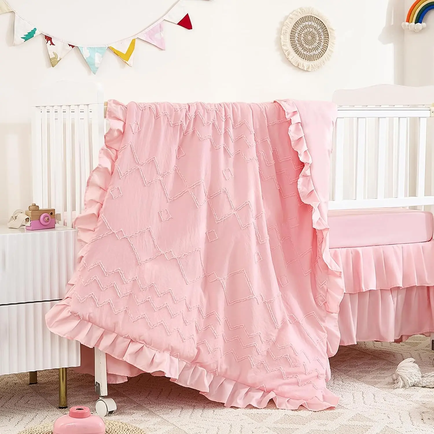 3-Piece Tufted Ruffle Crib Bedding Set for Girls - Ultra Soft Baby Bedding Set Includes Boho Crib Comforter, Sheet & Skirt (Light Pink)