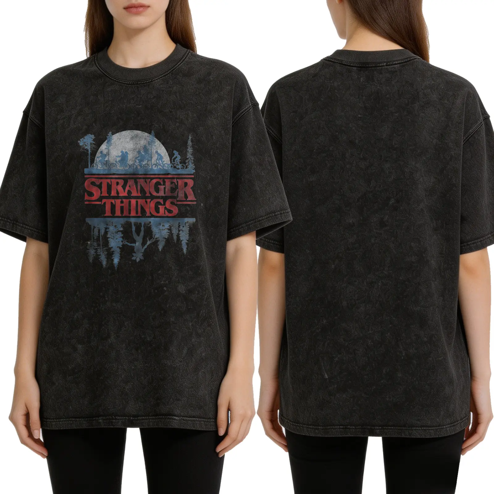 Vintage Style, Women's T-Shirt, Stranger Things Biking Silhouette And Upside Down Design, Summer Casual Wear, Gift For Tv Show Fans And Friends