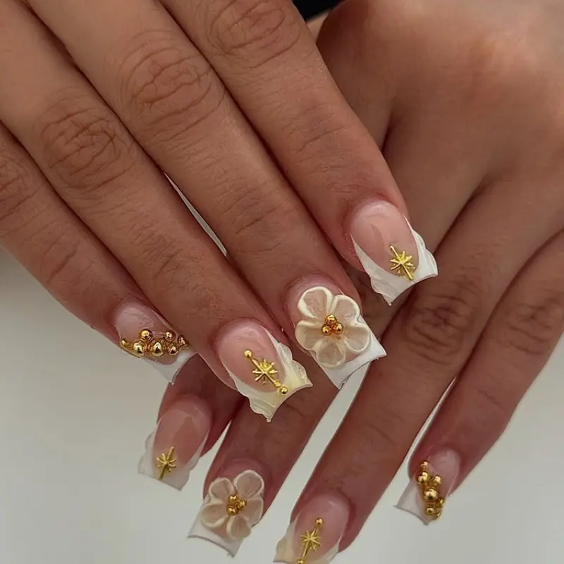 24pcs Short Square Fake Nails, French Floral Starburst Press-On Nails, Includes Jelly Glue and Nail File, Perfect for Parties and Daily Use, French Tips, Flower Nails