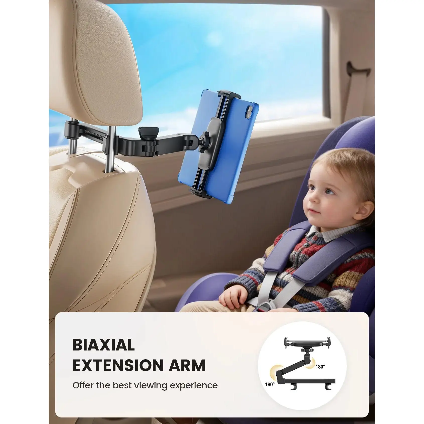 Car Headrest and Tablet Holder with 360 °   Rotating Extension Arm, Fits 4.7–13‑inch iPad, Universal Travel for Kids, Universal Smartphone Holder, Car Mount, Car Cellphone Mount