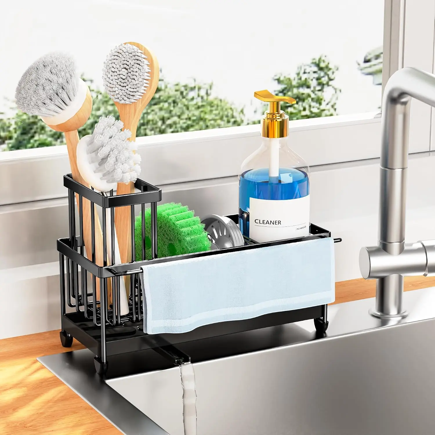 Synthetic Brush & Detachable Towel Bar Kitchen Sink Sponge Holder - 9.25 in Countertop Storage Caddy for Kitchen Accessories