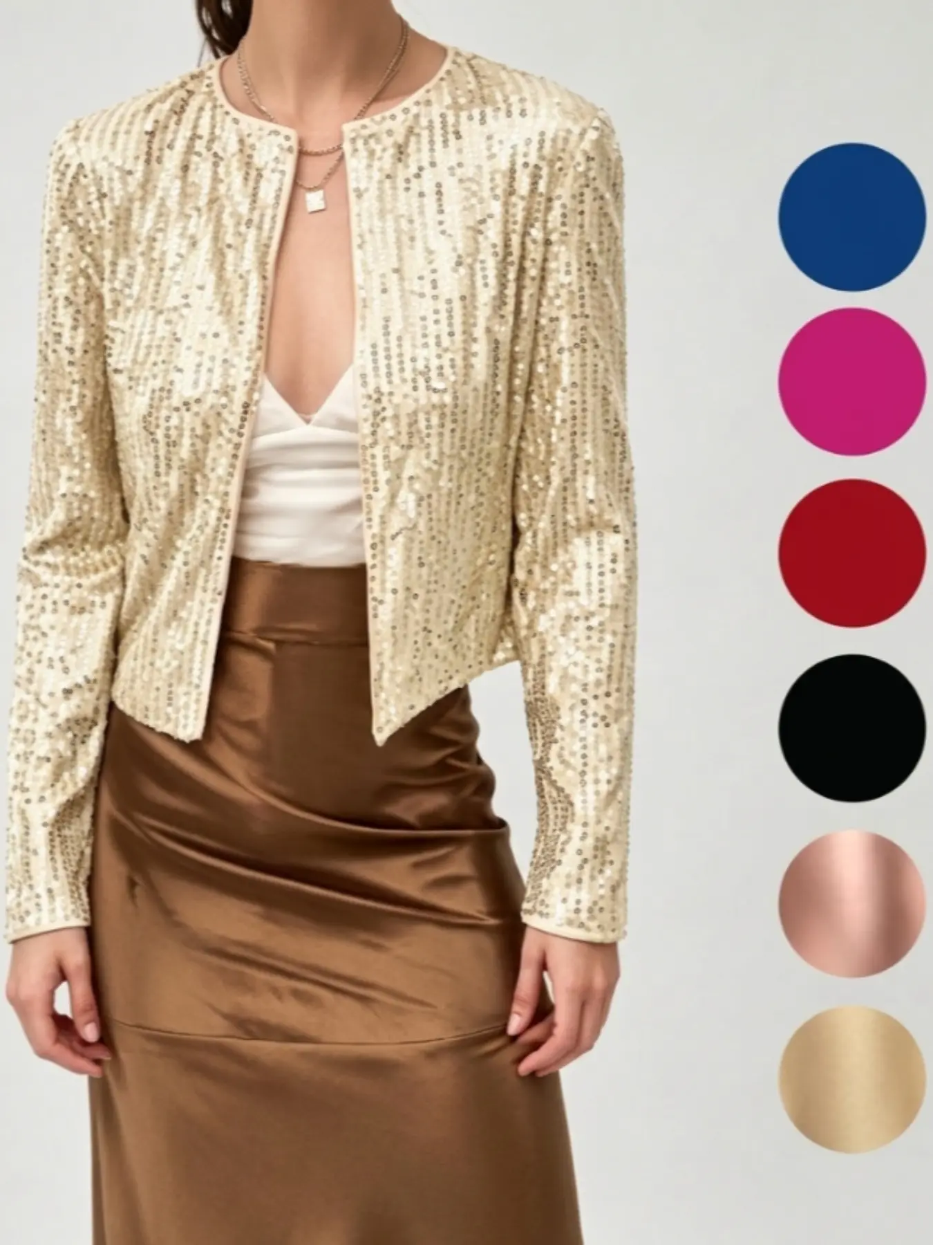 Elegant Allover Sequin Cropped Evening Jacket – Long Sleeve Open Front Party Cover-Up