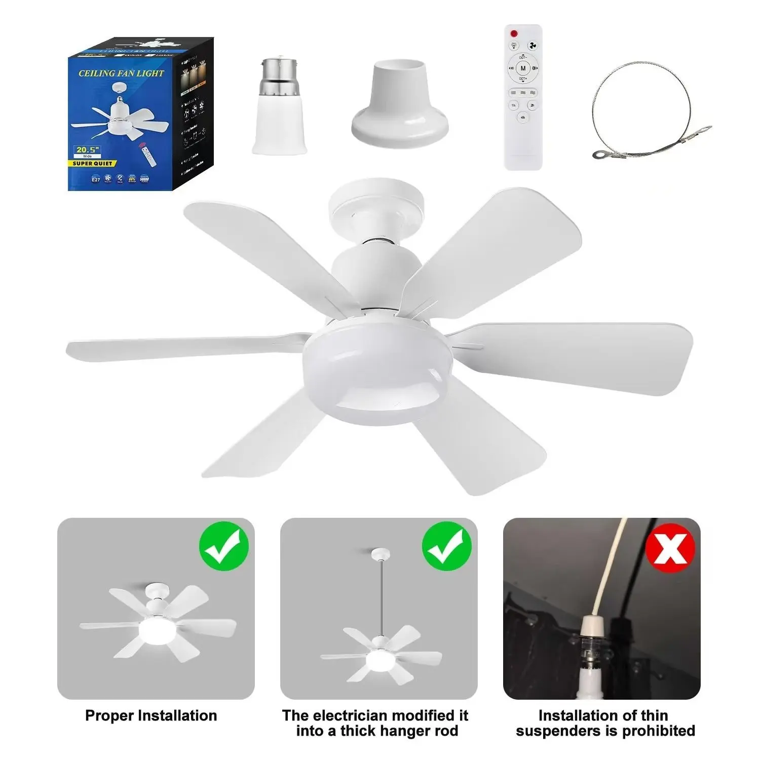 6-Blade Ultra-Quiet Ceiling Fan Light, Ceiling Mounted, Remote Control Timer, 3-Speed Adjustable, E27 Socket, Ideal for Garage, Closet, Kitchen, Bedroom, Three Speeds