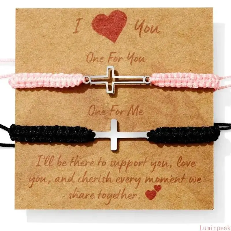 2-Pack Matching Cross Bracelets for Couples, Adjustable Woven Rope with Stainless Steel Accents, Unisex Gift Set, Bracelet For Couples, Matching Sets, Cross Motif, One Size