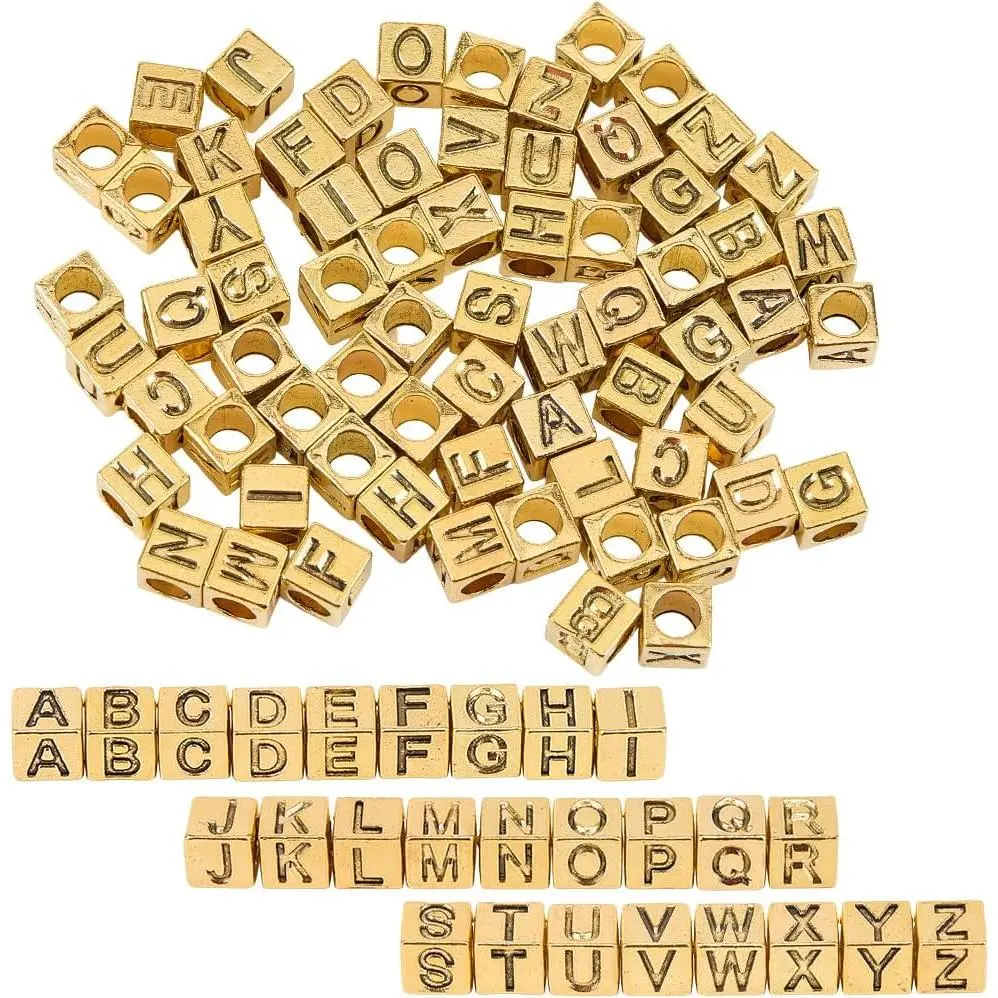 1 Box 104 count 26 Styles  Alphabet Beads Square Letter Bead Set Metal Alloy Antique Cube A to B Charm Large Hole Loose Spacer Beads for  Making Necklace Bracelets DIY Craft Supplies