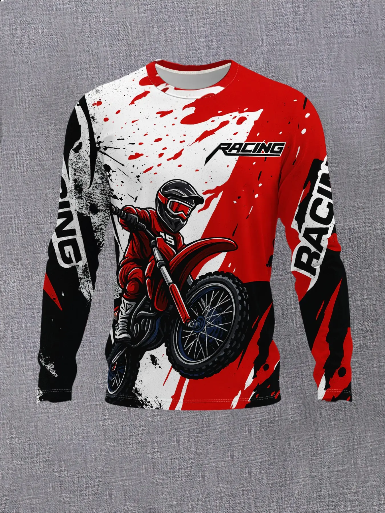 Men's Off-Road Motorcycle Racing Style Sporty Long Sleeve T-Shirt, Splatter + Racing Letters Rider Imagery Print Patterns Casual Top