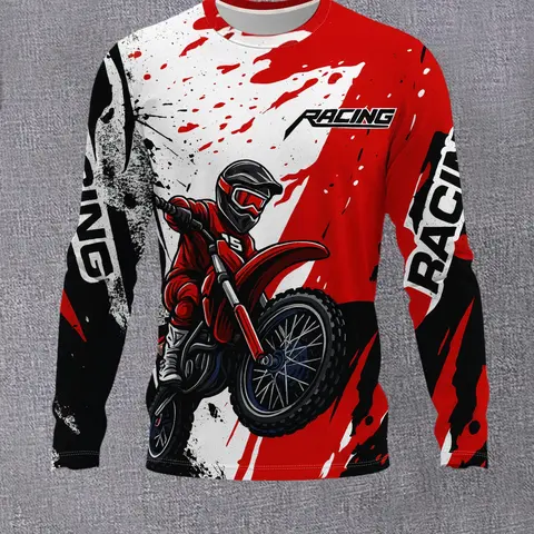 Men's Off-Road Motorcycle Racing Style Long Sleeve T-Shirt, Splatter + Racing Letters Rider Print Casual Top, Motorcycle Graphic Tee