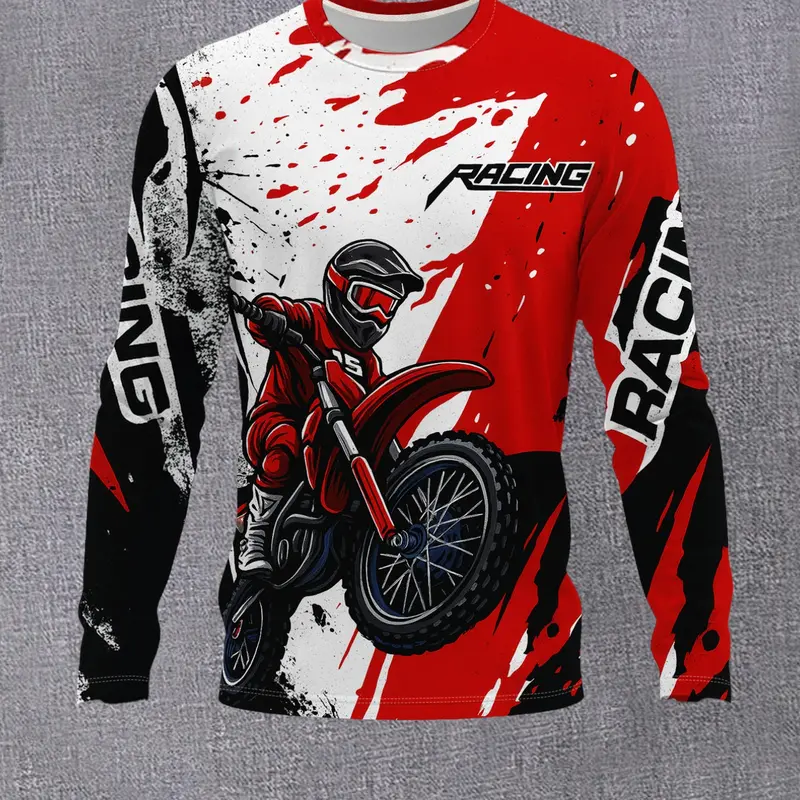 Men's Off-Road Motorcycle Racing Style Long Sleeve T-Shirt, Splatter + Racing Letters Rider Print Casual Top, Motorcycle Graphic Tee