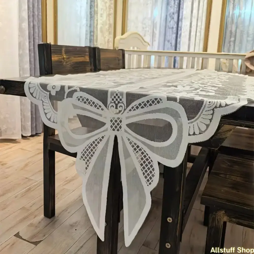 Rustic Lace Tablecloth with Elegant Bow Accent, Versatile Party Ready Table Decor for Coffee Tables & TV Stands, Lace Detailing