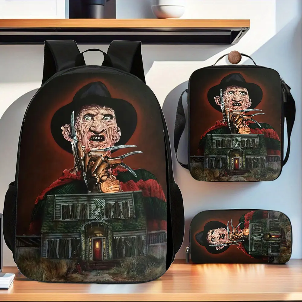 A Nightmare on Elm Street Freddy Castle Dark Red Halo Three-Piece School Bag Set, including a backpack, insulated lunch bag, and pencil case, suitable for teenagers' daily school use