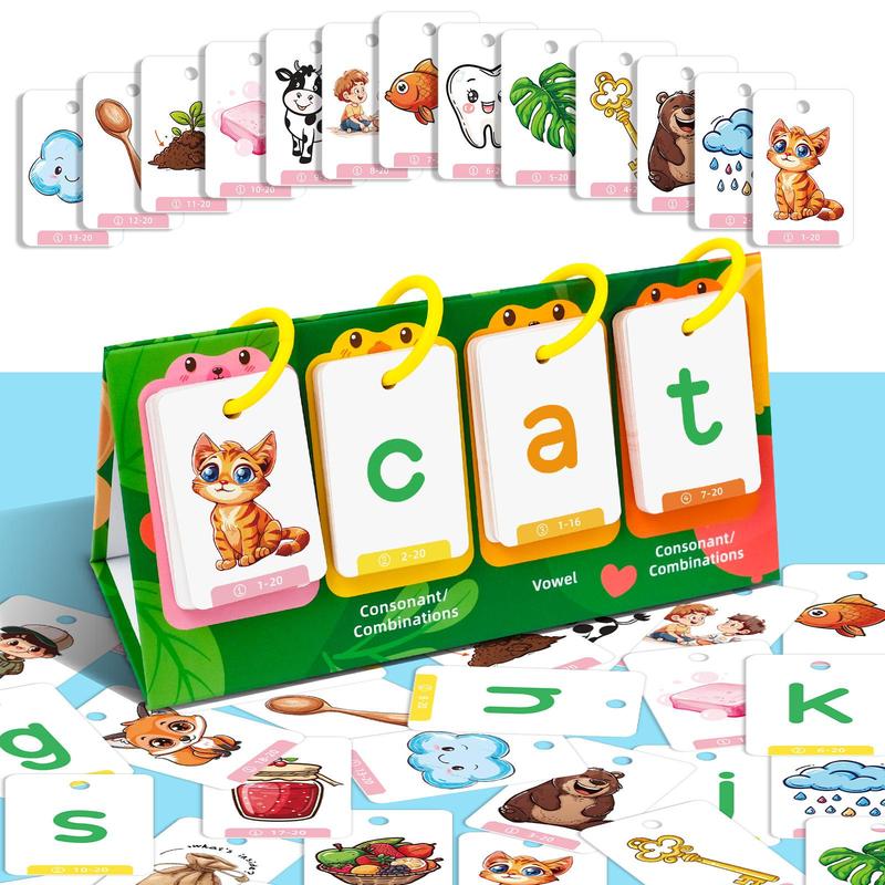 Random Color CVC Word Builder Games Cards, 80 Cards Learn To Read Montessori Word Building Desktop Pocket Chart Flash Cards Kit Flashcards Learning Alphabet