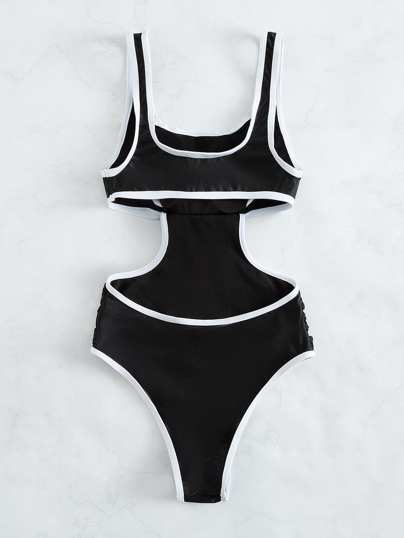 Women's Summer Beach Cut Out Back Bathing Suit Contrast Binding Scoop Neck Ruched Monokini One Piece Swimsuit, Sleeveless Swimsuit