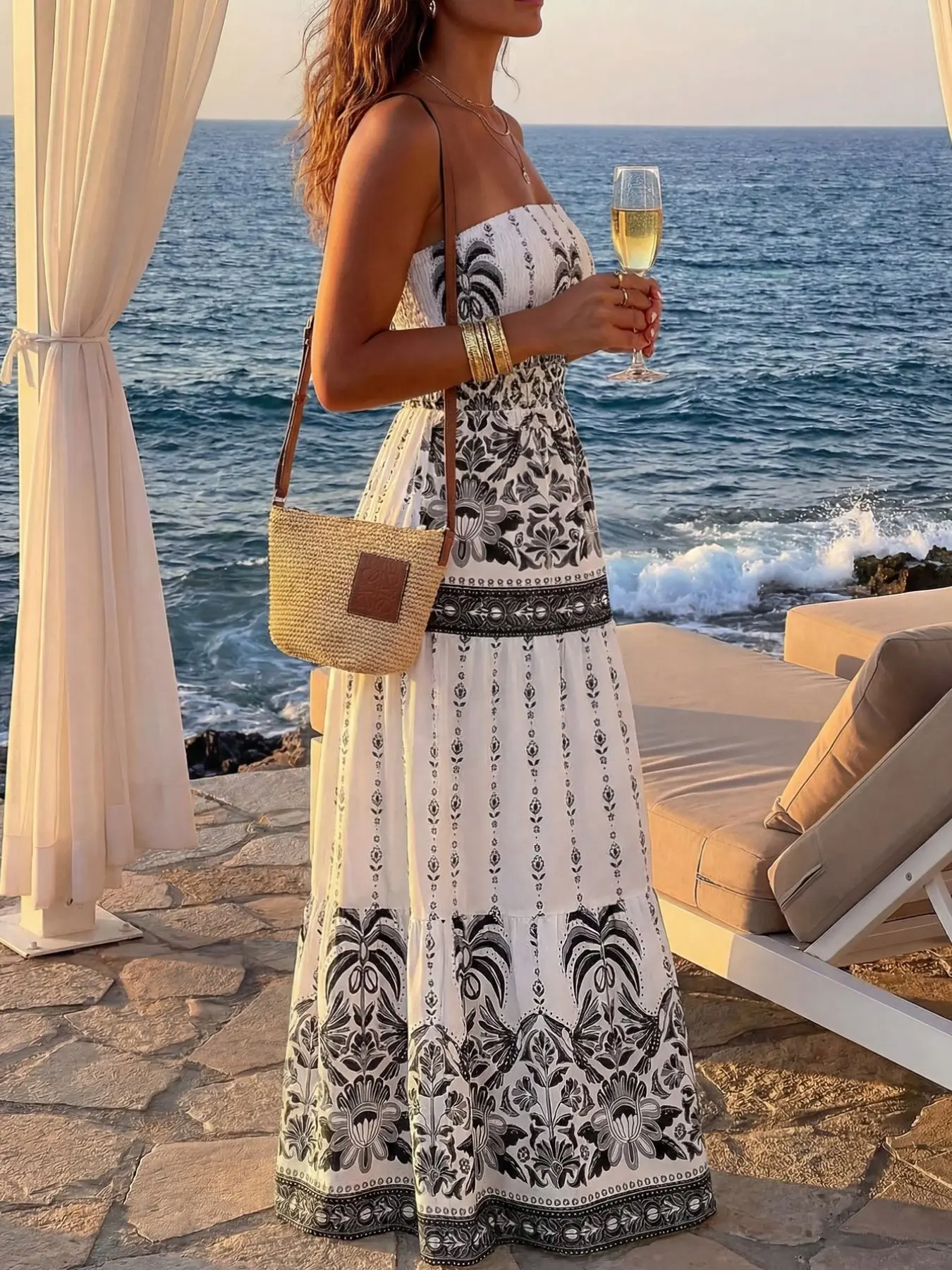 Summer Island Beach Vacation Style Tank Top Long Dress, Casual Wear, Ethnic Plant Print, Elastic Waist, Flowy Fairy Dress, Aesthetic, Women's Fashion