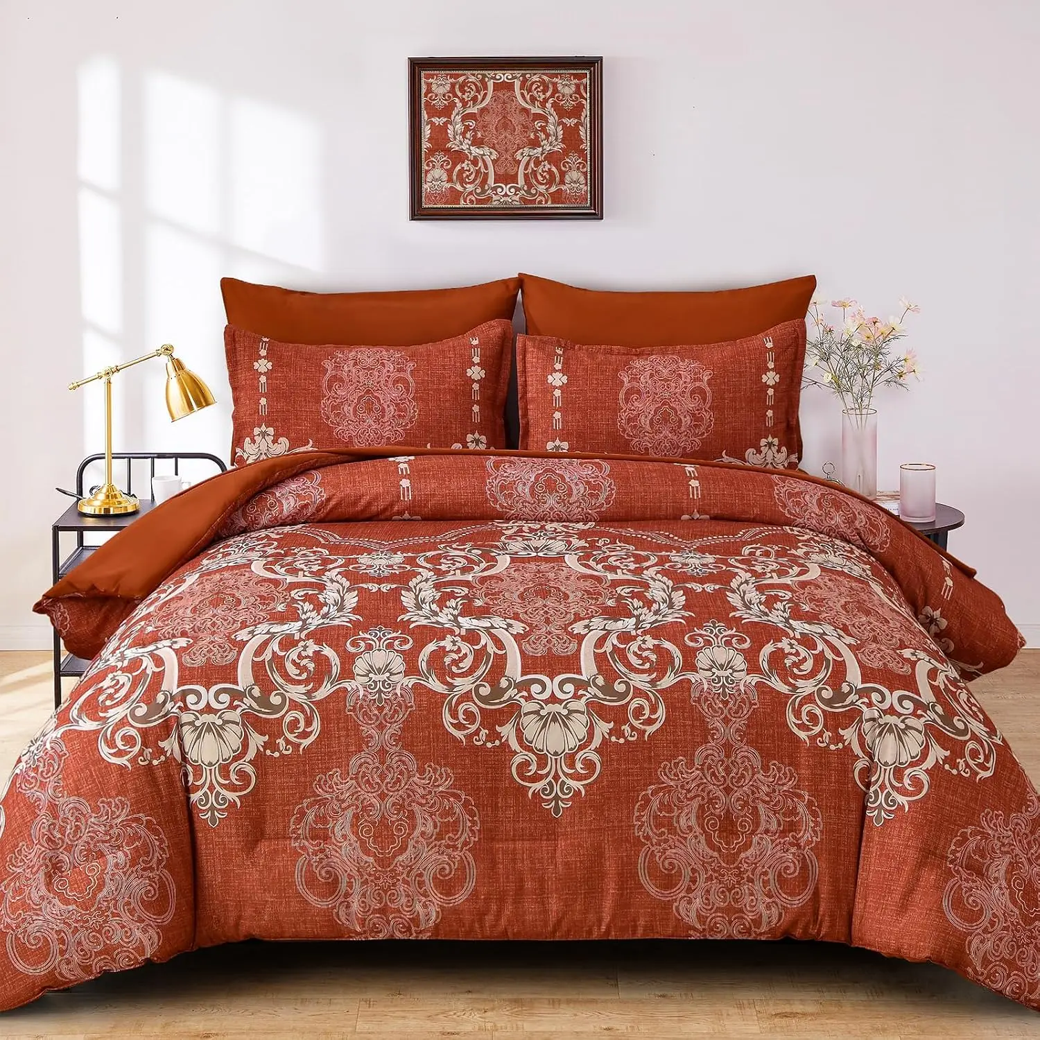 Terracotta Comforter Set King Size, 7 Pieces Damask Bed in a Bag