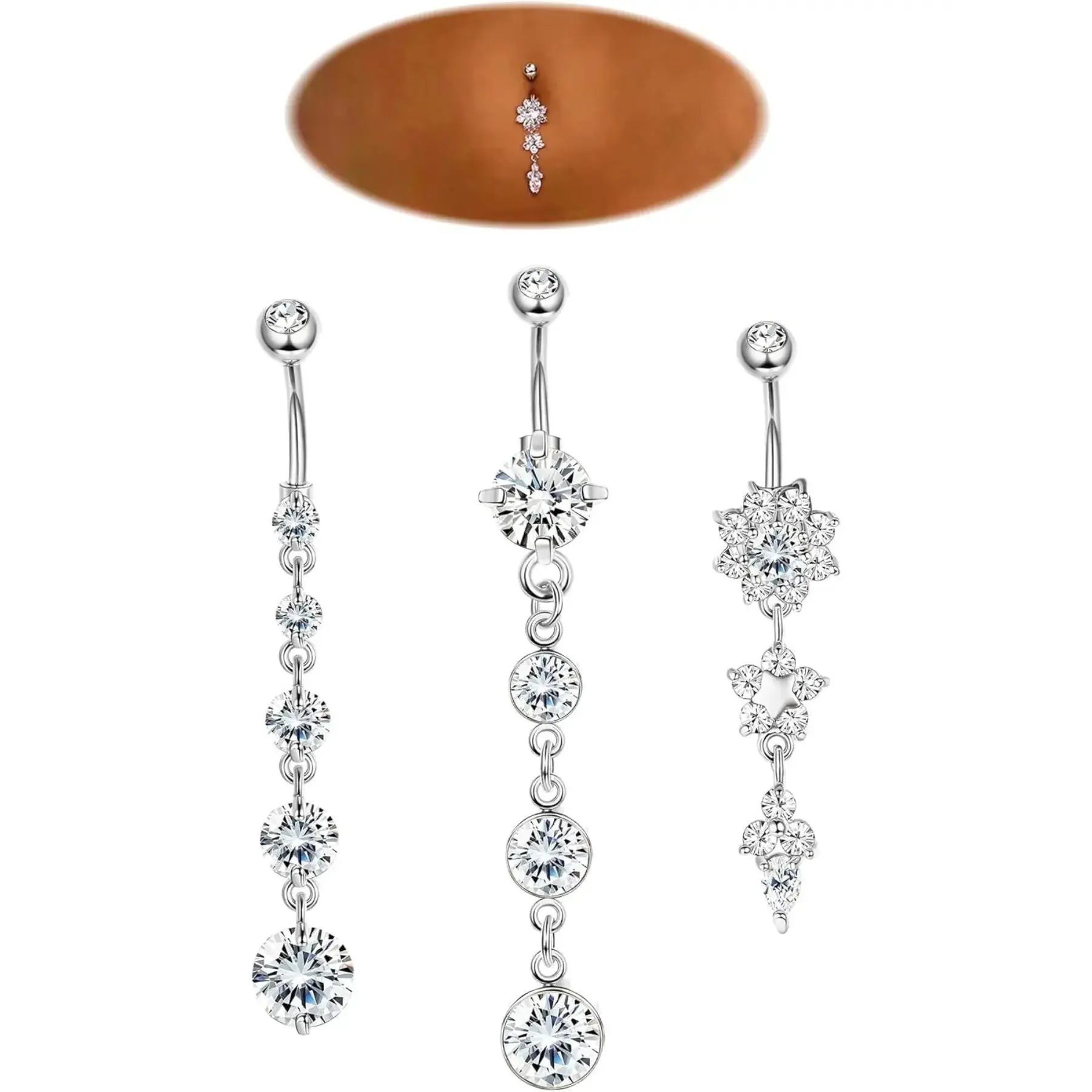 3-6Pcs 14G 316L Stainless Steel Belly Button Rings for Women Flower CZ Dangle Belly Button Rings Navel Piercing Jewelry Body Jewelry Body Piercings Set
