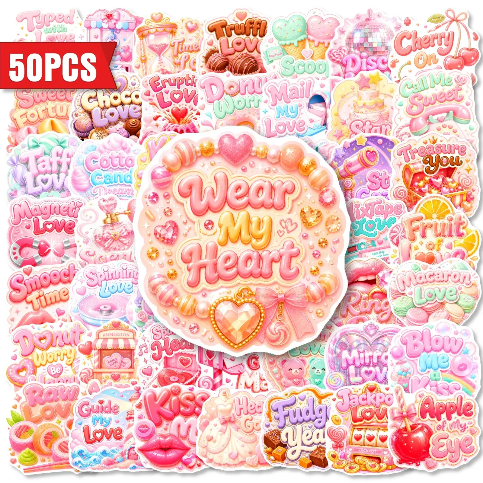 50pcs Cute Bear Balloon Donut Graffiti Waterproof PP Stickers, Decorate Phone Case Water Bottle Laptop, Holiday Gift Wrapping Seal Stickers