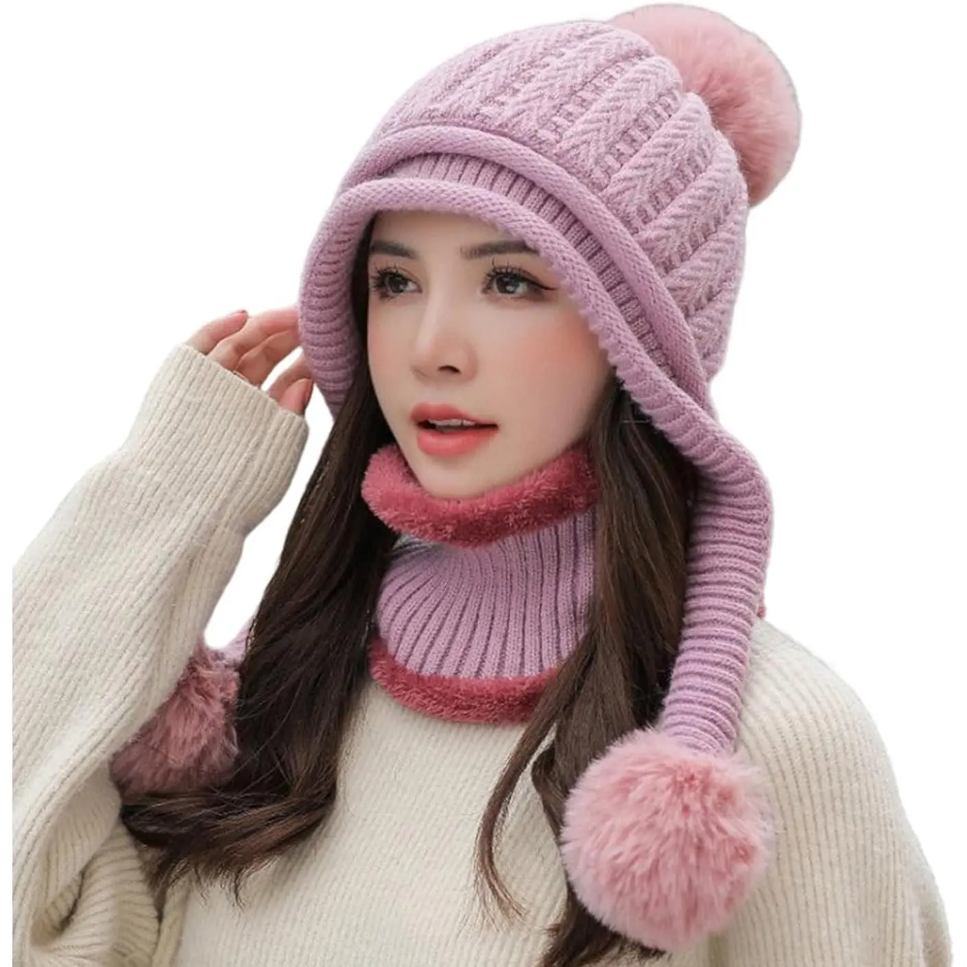 Women's 2-Piece Winter Sherpa Knit Beanie & Circle Scarf Set - Pompoms, Peruvian Style, Ear Flaps, Fleece-Lined, Cold Weather Warmth, No, Navy, Gray, Everyday Baby Maternity Fashion Accessory with Fast Shipping, Female