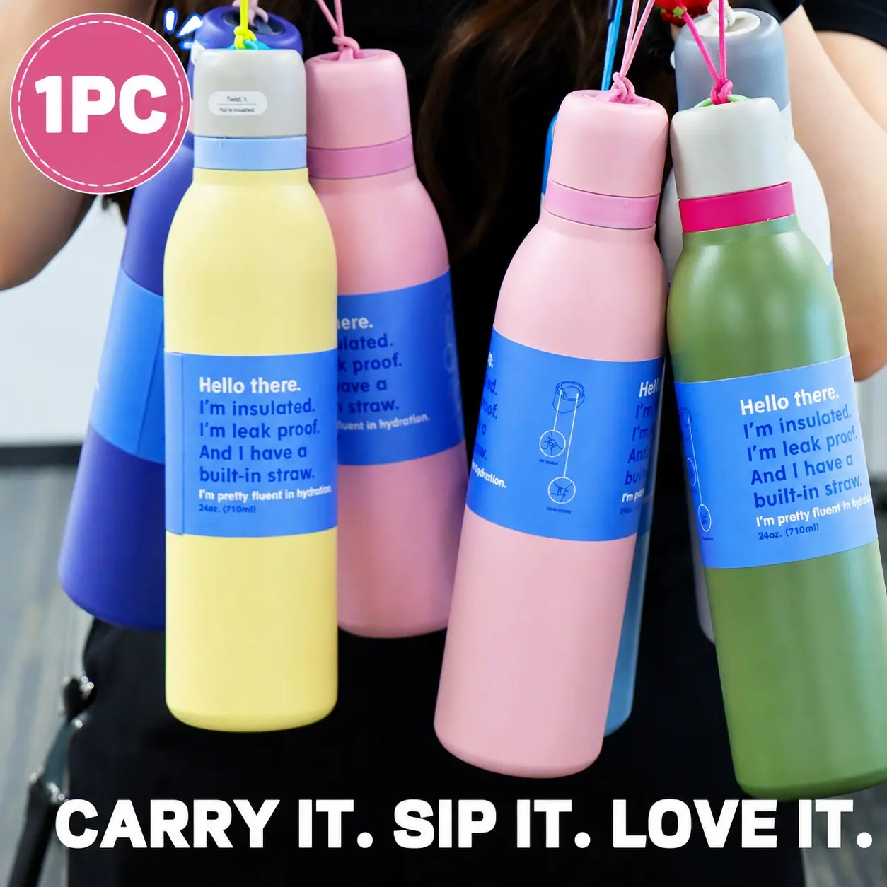 AuraCup 1pc 18oz/24oz Durable Insulated Water Bottle with Carry Loop, Stainless Steel Double Wall Vacuum Sports Flask, Leakproof Reusable Travel Mug for Cold & Hot Drinks, Leak Resistant Tumbler, Insulated Travel Drinkware, Perfect Gift