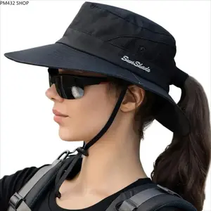 Women Wide Brim Ponytail Bucket Hat, UV Protection Foldable Sun Cap, Lightweight Breathable Summer Hat, Portable Headwear for Beach and Hiking