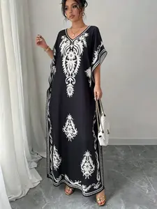 Women's Muslim Print Robe, Summer Casual V-Neck Loose Fit Long Dress, Beach Vacation Cover-Up, Home Wear, All Seasons, Caftan