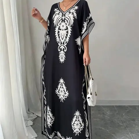 Women's Muslim Print Kaftan Dress, Casual V-Neck Loose-Fit Long Robe, Ethnic Print Beach Vacation Cover-Up for Summer, Ethnic Pattern Kaftan, V Neck Caftan