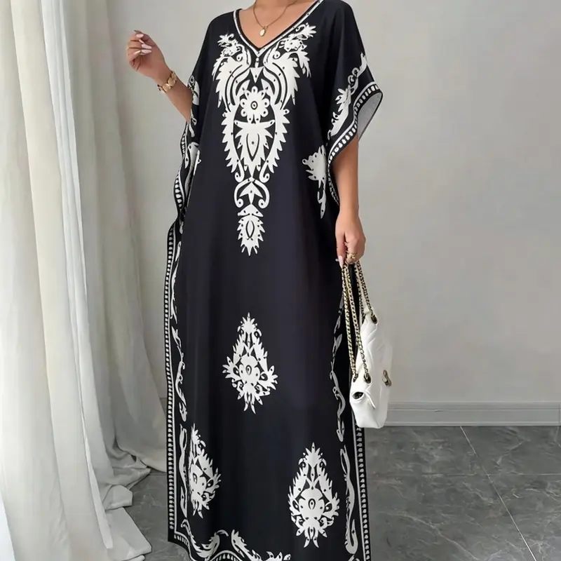 Women's Muslim Print Kaftan Dress, Casual V-Neck Loose-Fit Long Robe, Ethnic Print Beach Vacation Cover-Up for Summer, Ethnic Pattern Kaftan, V Neck Caftan
