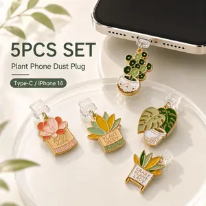 5-Piece Plant-Shaped Phone Dust Plug Set, Cute Enamel Interface Protection Plugs, USB-C/8 Pin, Stylish and Functional Accessories