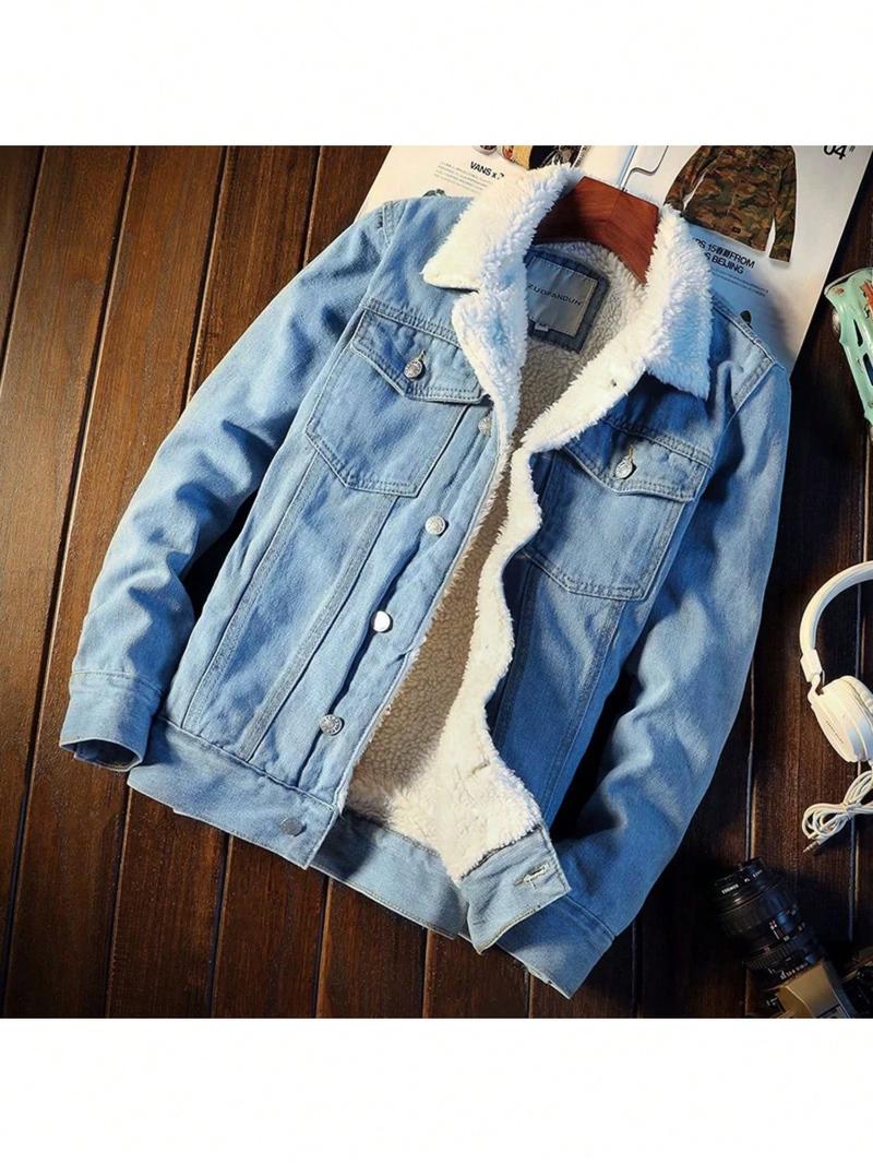 Men's Winter New Solid Color Velvet Neck Thickened With Velvet Simple Warm Cowboy Jacket Brand Men's Winter Lamb Velvet Jacket