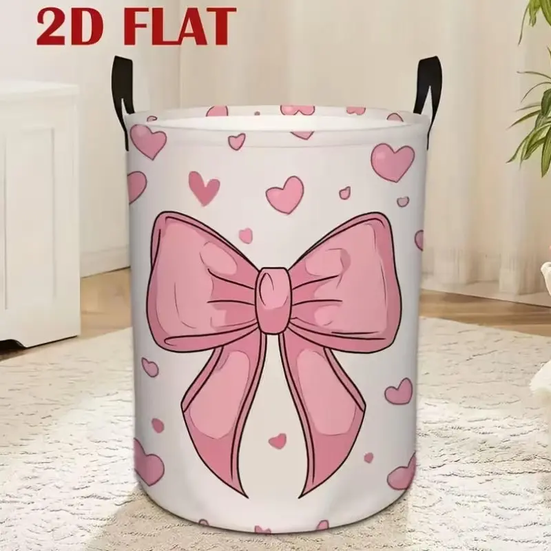 1pc Round Laundry Basket, Washing Basket, with Pink Bow And Heart Pattern, Decorative Multifunctional Folding Laundry Basket, Laundry Baskets